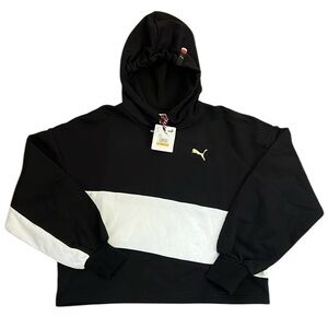 New Puma AS Cropped Hoodie Pullover Sweatshirt Black/Noir White Stripe Small